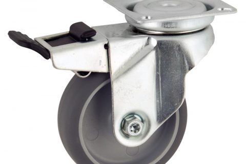 Rueda de acero galvanizado giratoria con freno 125mm  para  carros,rueda  de  goma gris elástica,rodamiento a bolas.Montaje con platina
