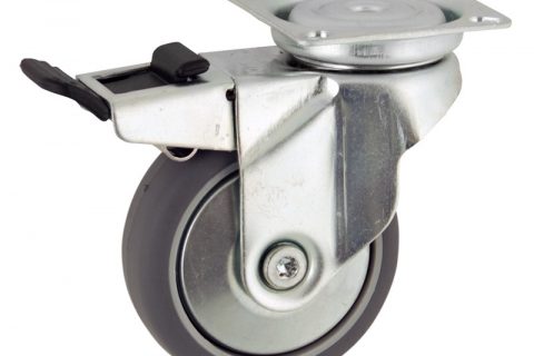 Rueda de acero galvanizado giratoria con freno 75mm  para  carros,rueda  de  goma gris elástica,eje liso.Montaje con platina