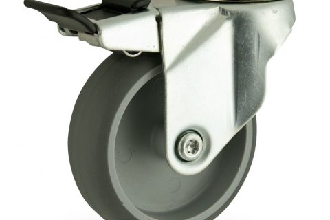 Rueda de acero galvanizado giratoria con freno 125mm  para  carros,rueda  de  goma gris elástica,eje liso.Montaje con pasador
