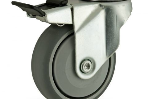 Rueda de acero galvanizado giratoria con freno 125mm  para  carros,rueda  de  goma gris elástica,rodamiento a bolas de precision.Montaje con pasador