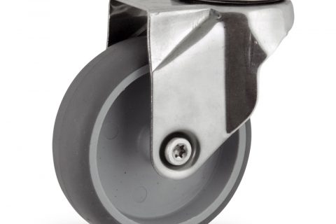 Rueda INOX giratoria  75mm  para  carros,rueda  de  goma gris elástica,eje liso.Montaje con pasador