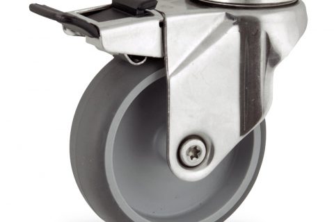 Rueda INOX giratoria con freno 150mm  para  carros,rueda  de  goma gris elástica,rodamiento a bolas.Montaje con pasador