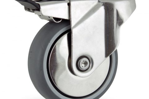 Rueda INOX giratoria con freno 125mm  para  carros,rueda  de  goma gris elástica,rodamiento a bolas.Montaje con pasador