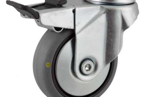 Rueda de acero galvanizado giratoria con freno 125mm  para  carros,rueda  de  conductivas goma gris elástica,eje liso.Montaje con pasador