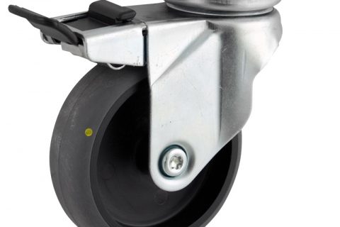 Rueda de acero galvanizado giratoria con freno 125mm  para  carros,rueda  de  conductivas goma gris elástica,rodamiento a bolas.Montaje con platina