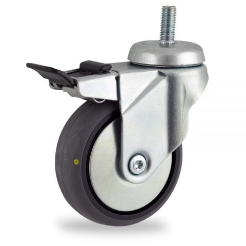 Rueda de acero galvanizado giratoria con freno 100mm  para  carros,rueda  de  conductivas goma gris elástica,eje liso.espiga roscada