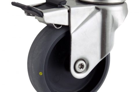 Rueda INOX giratoria con freno 150mm  para  carros,rueda  de  conductivas goma gris elástica,eje liso.Montaje con pasador