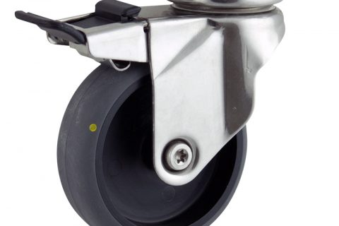 Rueda INOX giratoria con freno 125mm  para  carros,rueda  de  conductivas goma gris elástica,eje liso.Montaje con platina
